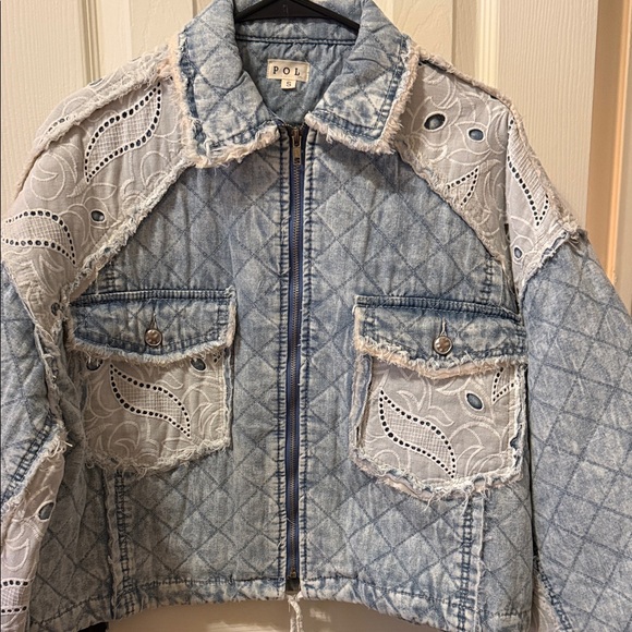 POL Light Blue Quilted Denim Jacket with White Lace Trim - Picture 2 of 7